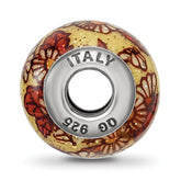 **Sterling Silver 925 Italian Floral Glass Bead with Polished Overlay Design**